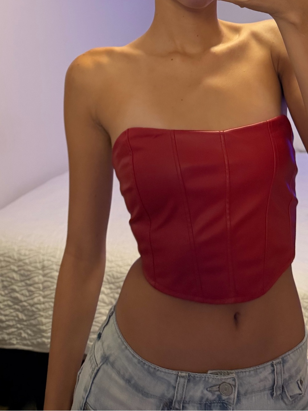 refuge Red Strapless Faux-Leather Corset Top